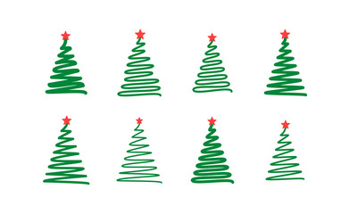 Christmas tree. Line draw scribbled stylized set. Decorative vector green red elements collection, holiday black sign on white. Template for laser plotter cutting, printing.