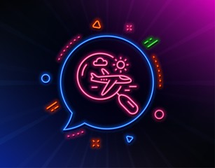 Airplane travel line icon. Neon laser lights. Search trip flight sign. Holidays symbol. Glow laser speech bubble. Neon lights chat bubble. Banner badge with search flight icon. Vector
