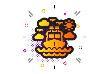 Trip transport sign. Halftone circles pattern. Ship travel icon. Holidays cruise symbol. Classic flat ship travel icon. Vector