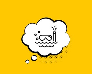 Travel scuba diving line icon. Comic speech bubble. Trip swimming sign. Holidays symbol. Yellow background with chat bubble. Scuba diving icon. Colorful banner. Vector