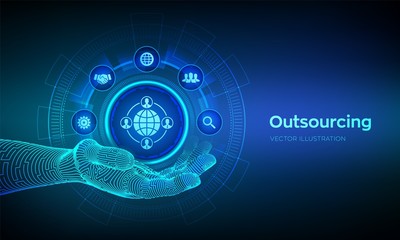 Outsourcing and HR. Outsourcing icon in robotic hand. Social network and global recruitment. Global Recruitment Business and internet concept on virtual screen. Vector illustration.