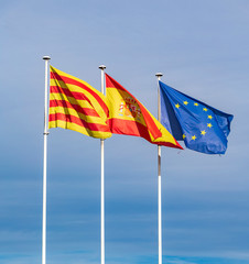 European, Spanish and Catalonian flag in Barcelona