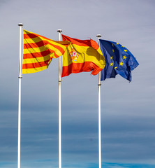 European, Spanish and Catalonian flag in Barcelona