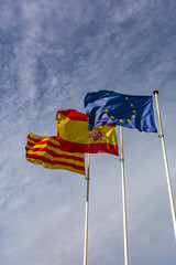 European, Spanish and Catalonian flag in Barcelona