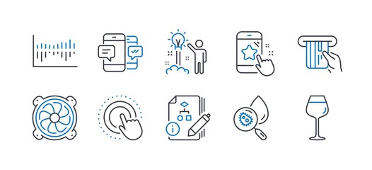 Set of Business icons, such as Computer fan, Creative idea, Column diagram, Click hand, Algorithm, Smartphone sms, Star rating, Credit card, Water analysis, Bordeaux glass line icons. Vector