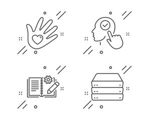 Social responsibility, Engineering documentation and Select user line icons set. Servers sign. Helping hand, Manual, Head with checkbox. Big data. Science set. Vector