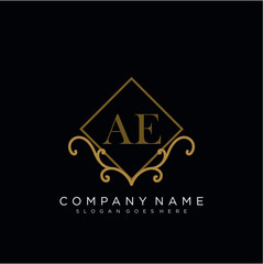 Initial letter AE logo luxury vector mark, gold color elegant classical