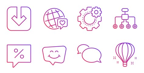 Restructuring, World brand and Discount message line icons set. Messenger, Smile chat and Cogwheel signs. Load document, Air balloon symbols. Delegate, Love. Business set. Vector