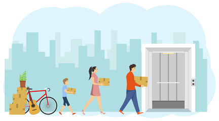 A happy, large family moving to a new home. Dad, mom and little son carry boxes with things in the elevator. The acquisition of new housing. Relocation. Vector illustration.