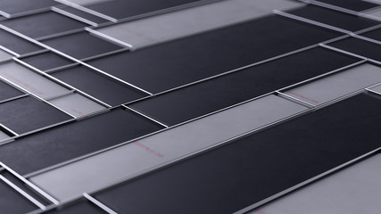 Obraz premium 3d render abstract background with black and white rectangles pattern and chrome thin grid.