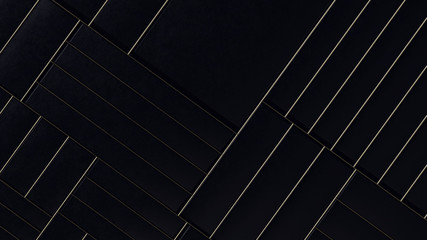 3d render abstract background with black rectangles pattern and gold thin grid.