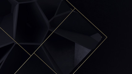 3d render abstract black fracture pattern and gold thin grid on black background.