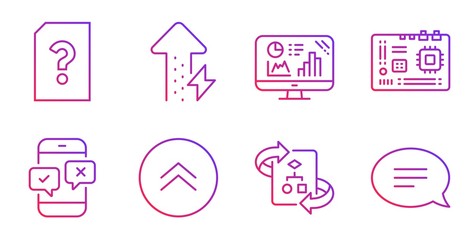 Analytics graph, Unknown file and Energy growing line icons set. Swipe up, Technical algorithm and Motherboard signs. Phone survey, Chat symbols. Growth report, Doc with question mark. Vector
