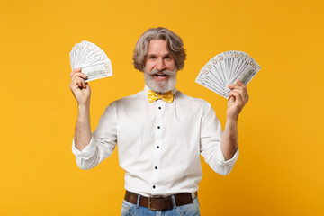 Smiling elderly gray-haired mustache bearded man in white shirt bow tie isolated on yellow orange background. People lifestyle concept. Mock up copy space. Hold fan of cash money in dollar banknotes.
