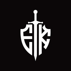 EK logo with shield shape and sword design template