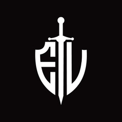 EV logo with shield shape and sword design template