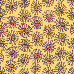 Fototapeta na wymiar Modern seamless vector botanical colourful pattern with lined decorative flowers on yellow background. Can be used for printing on paper, stickers, badges, bijouterie, cards, textiles. 