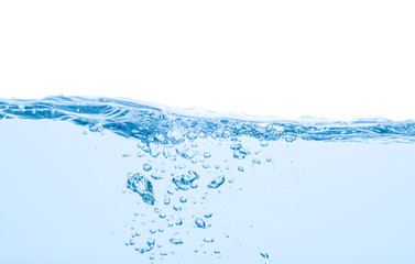 Clear blue water with air bubbles isolated on the white background