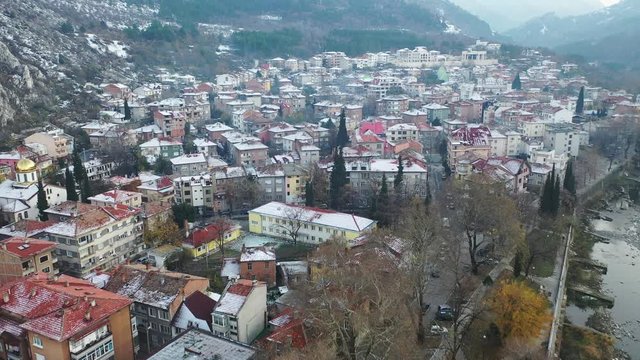 Aerial view of Eastern European town in winter