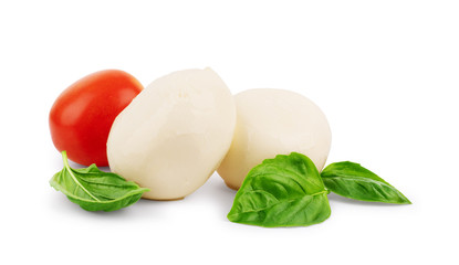Mozzarella, basil, tomato on a white background
