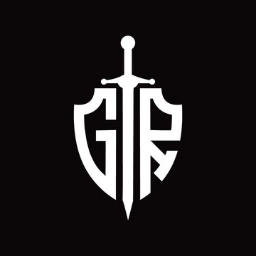 GR logo with shield shape and sword design template