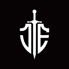 JE logo with shield shape and sword design template