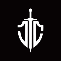 JC logo with shield shape and sword design template