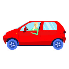 Blonde hair woman driving a red bantam car. Isolate vector  flat illustration.