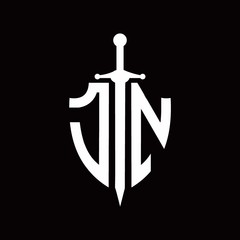 JN logo with shield shape and sword design template