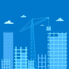 Obraz premium Construction of multi-story buildings. Silhouettes of skyscraper houses, crane on the blue sky background with clouds. Construction site, new district. Monochrome vector illustration.