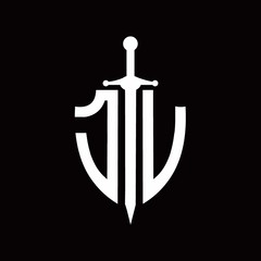 JV logo with shield shape and sword design template
