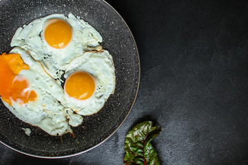 fried eggs, healthy food (delicious snack) menu concept. food background. top view. copy space