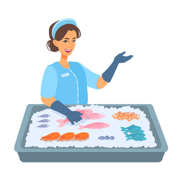 Woman fish seller is behind the counter with seafood on the ice. Girl worker holding a fish, shows the palm gesture at something, smiles. Vector cartoon illustration isolated on white background.