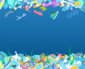 Environmental pollution. Garbage in the ocean, sea, river at the bottom and at the surface. A place for text.