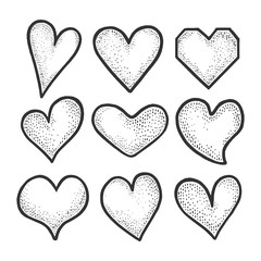 Heart symbol set sketch engraving vector illustration. Romantic love lovesickness symbol. T-shirt apparel print design. Scratch board imitation. Black and white hand drawn image.