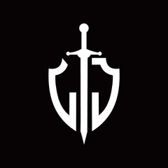 LJ logo with shield shape and sword design template