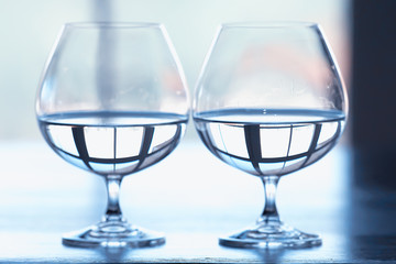 glass of white wine in the restaurant / white wine in the interior of the restaurant a table with glasses of wine, a romantic summer