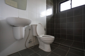 modern design of small bathroom with white lavatory water closet and used black tile wall and floor