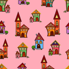 pattern colored houses childrens wallpaper seamless multicolored building doodle vector background brick stones