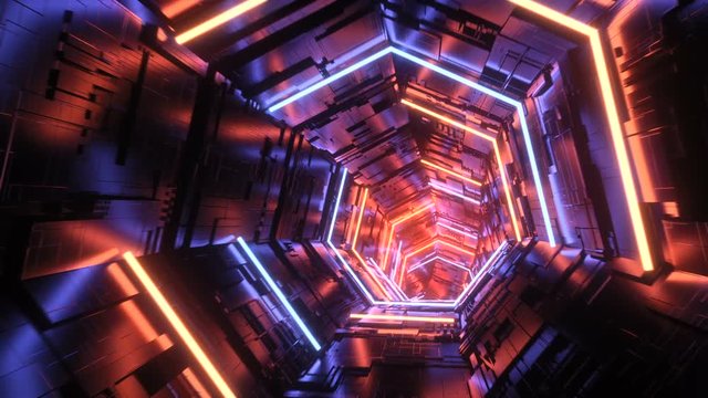 Futuristic reflective metal tunnel loop with glowing red and blue neons
