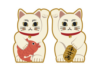縁起物。招き猫のイラスト。日本の猫の置物。