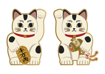 縁起物。招き猫のイラスト。日本の猫の置物。