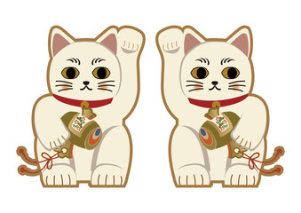 縁起物。招き猫のイラスト。日本の猫の置物。