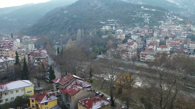 Aerial view of Eastern European town in winter