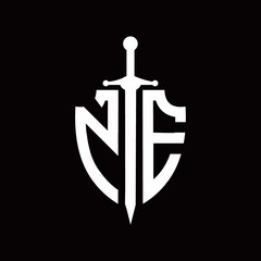 NE logo with shield shape and sword design template