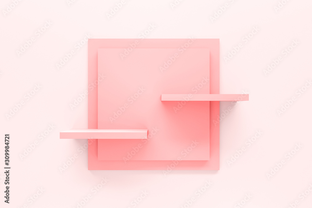 Poster Modern pastel pink shelf display or frame with minimal style on white wall background. Blank product shelves panel. 3D rendering.