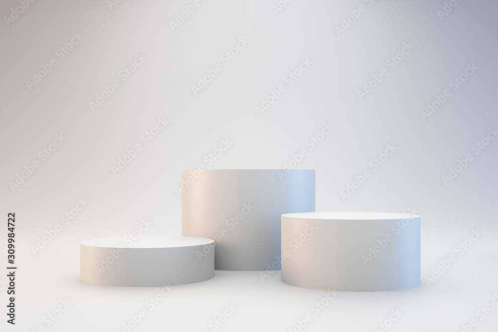 Aufkleber Modern podium or pedestal display with platform concept on white background. Blank shelf stand for showing product. 3D rendering.