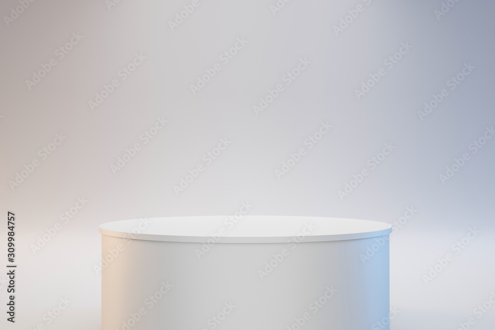 Poster Modern podium or pedestal display with platform concept on white background. Blank shelf stand for showing product. 3D rendering.