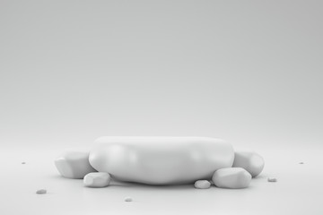 Modern pedestal or podium display with stone platform concept on white background. Blank shelf...