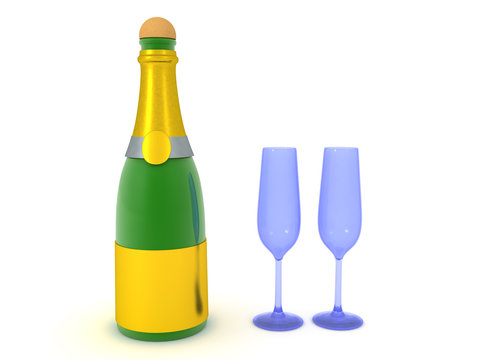 3D Champagne bottle with two glasses next to it